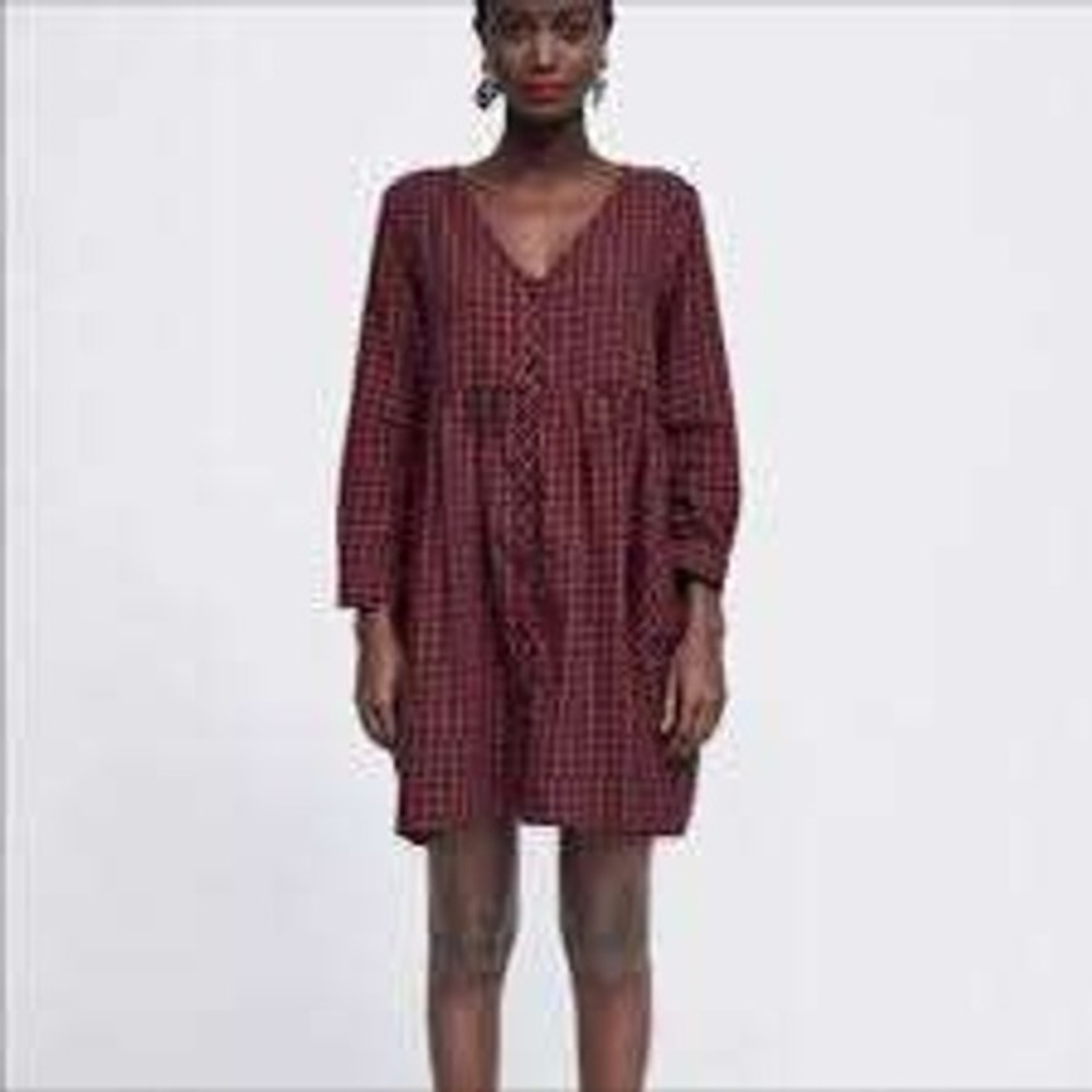 Zara Plaid Babydoll Dress Women XS Red Green Cotton Button Front Pockets 98s